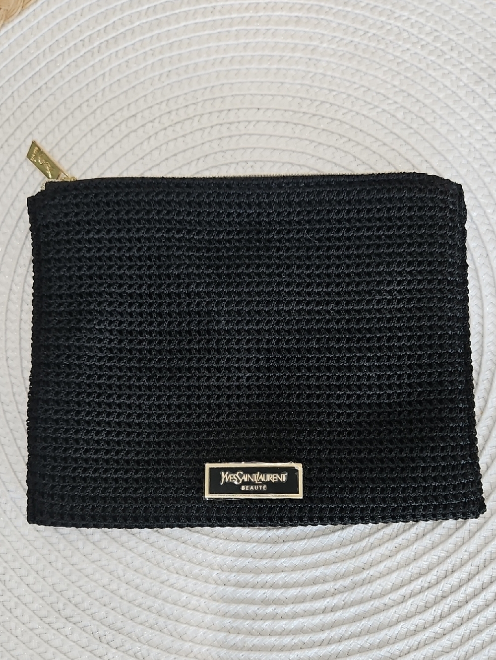Yves Saint Laurent Black Woven Cosmetic Pouch with Gold Trim